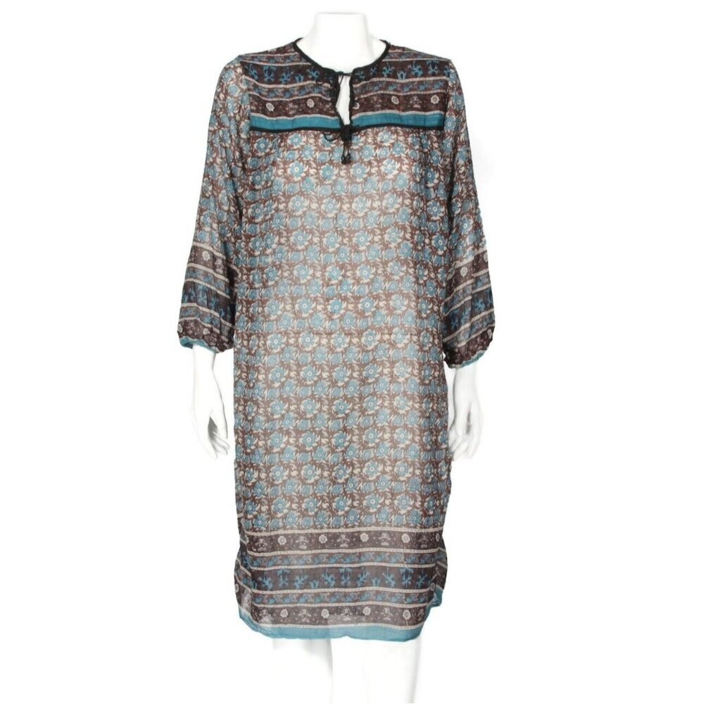 Vintage 1970s MEL Indian Block Print Blue Floral Brown Semi Sheer Dress M/L /172